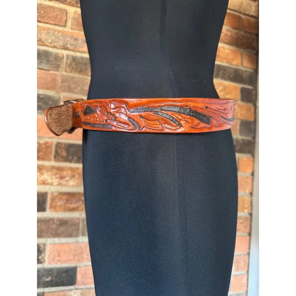 Custom Leather Belt Gary Western Tooled Design Mens Size 36-40‎ Brown
